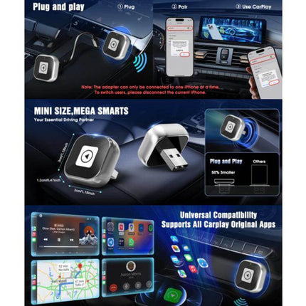 CarPlay Wireless Adapter Mini Square For In Car Use compact ABS dash-mounted plug-and-play wireless CarPlay adapter automatically reconnects