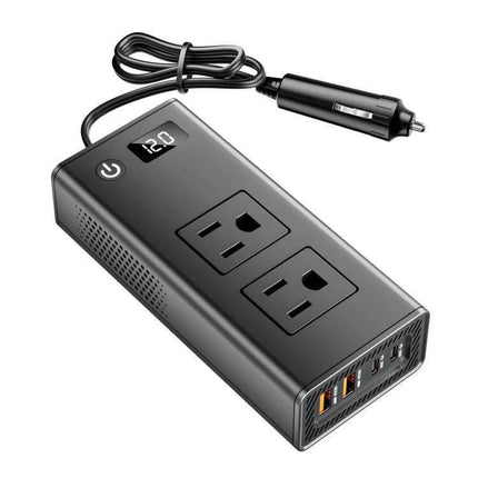 Compact Portable Car Inverter for On-the-Go Charging - black 300W power inverter with dual AC outlets, USB ports and cigarette lighter plug