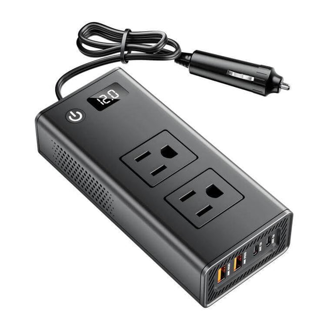 Compact Portable Car Inverter for On-the-Go Charging - black 300W power inverter with dual AC outlets, USB ports and cigarette lighter plug