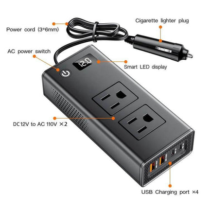 Compact Portable Car Inverter for On-the-Go Charging black inverter with dual AC outlets, LED display, cigarette lighter plug and 4 USB ports