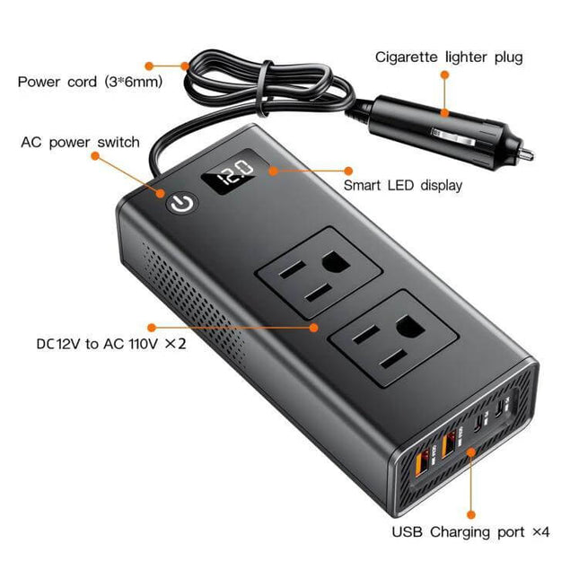 Compact Portable Car Inverter for On-the-Go Charging black inverter with dual AC outlets, LED display, cigarette lighter plug and 4 USB ports