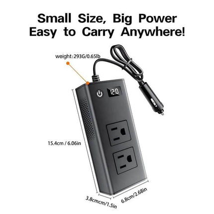 Compact Portable Car Inverter for On-the-Go Charging - compact 2-outlet 12V to AC inverter with LED display and cigarette plug for travel