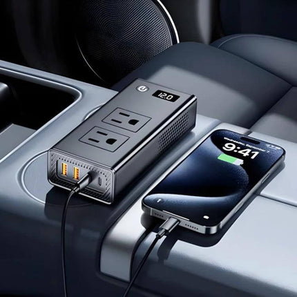 Compact Portable Car Inverter for On-the-Go Charging plugged into car seat charging phone and multiple devices