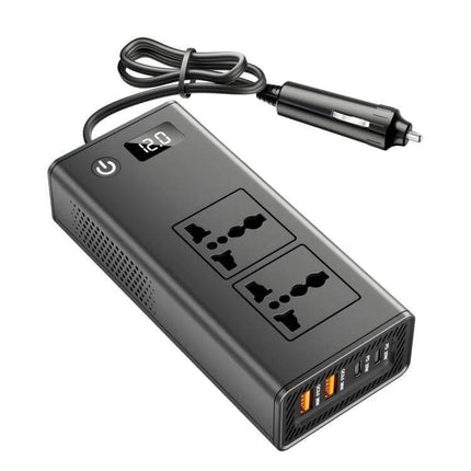 Compact Portable Car Inverter for On-the-Go Charging — compact black inverter with dual AC outlets and USB ports, plugs into 12V car socket
