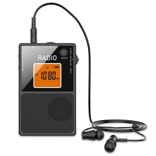 Compact Portable Radio for FM, AM, and Shortwave Listening black card-style radio with earbuds and LCD tuned to 108.0 FM