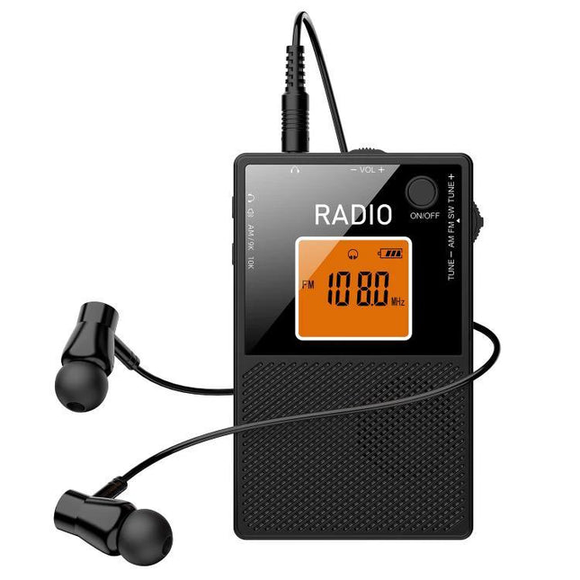 Compact Portable Radio for FM, AM, and Shortwave Listening - slim black card-style radio with orange digital FM display and earbuds