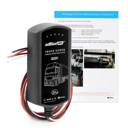 AdblueOBD Engine Diagnostic Tool for DAF and Mercedes-Benz Vehicles small black AdBlue emulator device with wiring and installation guide