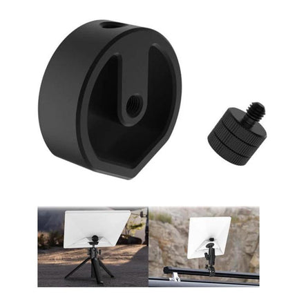 Starlink Mini Aluminum Tripod Mount Adapter for Satellite Use shown mounted on tripod outdoors, black aluminum adapter with tripod screw