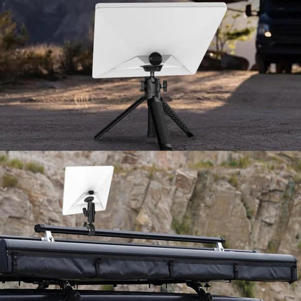 Starlink Mini Aluminum Tripod Mount Adapter for Satellite Use shown mounted on tripod and roof rack for stable outdoor satellite internet