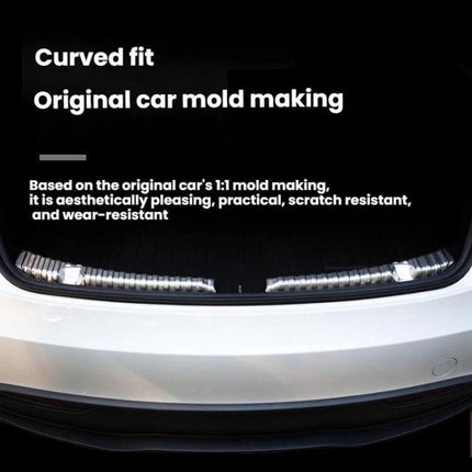 Tesla Model 3 Highland Trunk Sill Guard Stainless Steel installed on trunk sill showing curved two-piece stainless steel protection