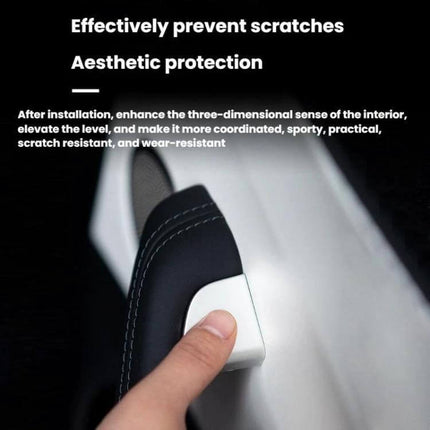 Door Button Protective Patch 4 Piece Set For Tesla shown installed on Model Y/Model 3 Highland door to prevent scratches and preserve original design