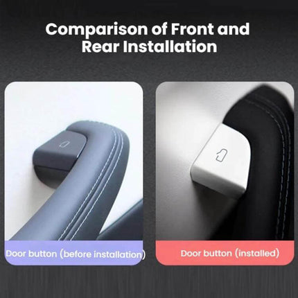 Door Button Protective Patch 4 Piece Set For Tesla showing before and after front and rear door button installation comparison
