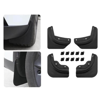 Splash Guards for Tesla Model Y Juniper, Protecting from Mud and Splashes – black mud flaps kit shown installed and uninstalled