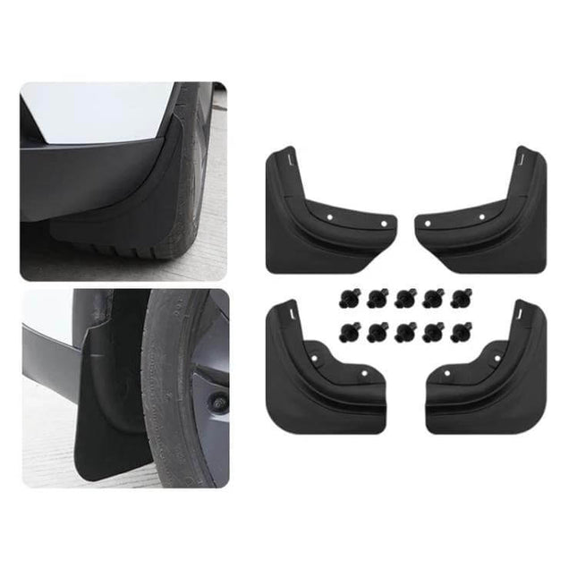 Splash Guards for Tesla Model Y Juniper, Protecting from Mud and Splashes – black mud flaps kit shown installed and uninstalled