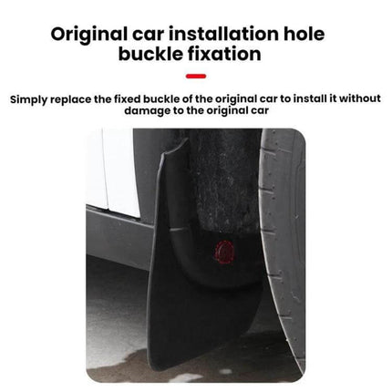 Splash Guards for Tesla Model Y Juniper, Protecting from Mud and Splashes - close-up of rear mudguard installed using original car installation hole buckle fixation