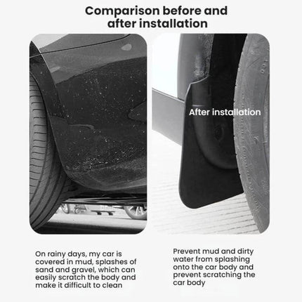 Splash Guards for Tesla Model Y Juniper, Protecting from Mud and Splashes - before and after installation showing mud protection and splash prevention