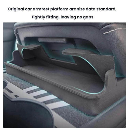 Silicone Armrest Glasses Storage Pocket for Tesla Cars installed on armrest showing snug fit and no gaps, nano-adhesive mounting for sunglasses