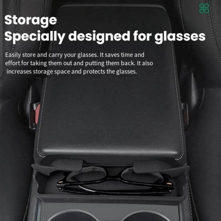 Silicone Armrest Glasses Storage Pocket for Tesla Cars installed on center armrest holding sunglasses, nano-adhesive mount, no-residue fit