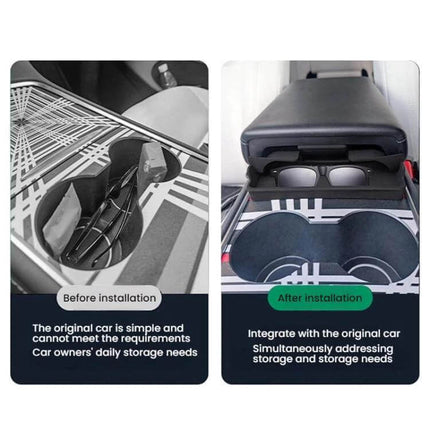 Silicone Armrest Glasses Storage Pocket for Tesla Cars installed in center console holding sunglasses before and after installation