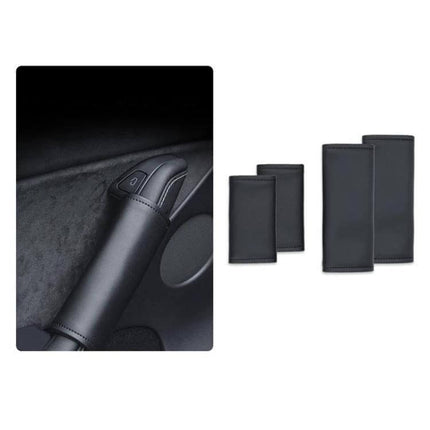 Tesla Leather Interior Door Handle Covers 4 Piece Set - black leather covers shown installed and as 4-piece set for Model 3 and Model Y