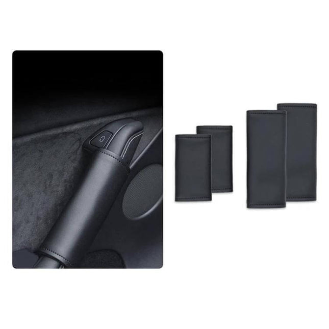 Tesla Leather Interior Door Handle Covers 4 Piece Set - black leather covers shown installed and as 4-piece set for Model 3 and Model Y