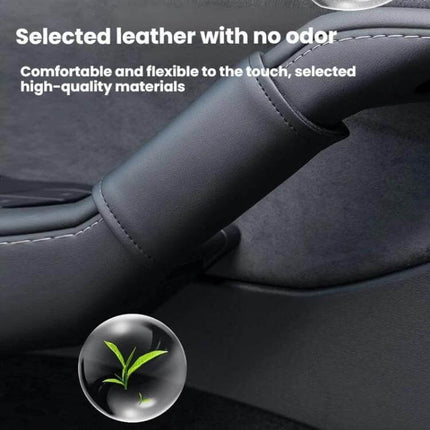 Tesla Leather Interior Door Handle Covers 4 Piece Set close-up of odor-free leather cover on Model 3/Y door handle showing soft touch and stitching