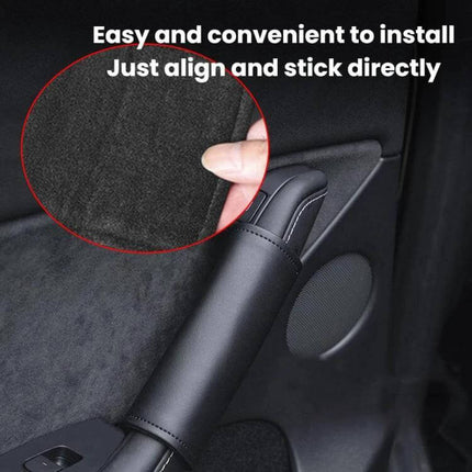 Tesla Leather Interior Door Handle Covers 4 Piece Set installed on Model 3/Y door handle showing easy align and stick installation