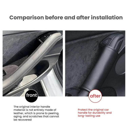 Tesla Leather Interior Door Handle Covers 4 Piece Set showing before and after installation on Model 3/Y door handle