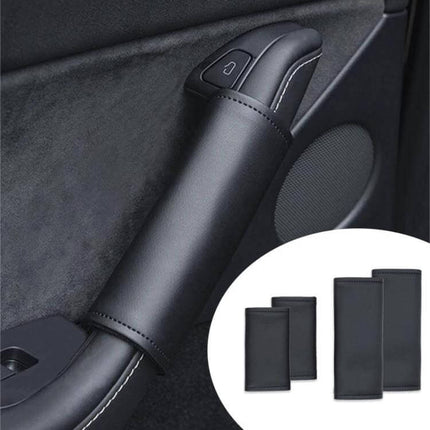 Tesla Leather Interior Door Handle Covers 4 Piece Set installed on Model 3/Y door for soft touch grip and protection