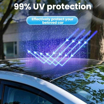 Model Y Juniper Ice Crystals Sunroof Sunshade Protection showing UV reflection graphic and 99% UV protection for cooler interior