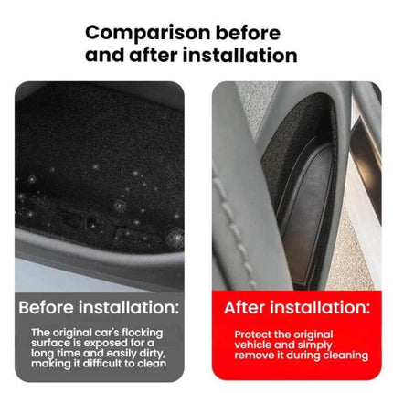 Highland Door Slot Storage Box Waterproof Interior Organizer in Tesla Model 3 Highland door pocket showing before and after installation, waterproof TPE protector