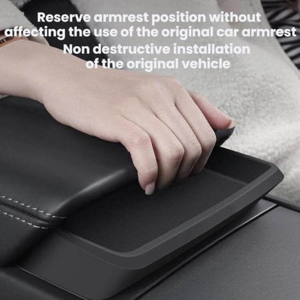 Center Console Armrest Storage Box Silicone Insert For Car Use — custom-fit silicone tray in Tesla Model 3 Highland armrest holding phone and keys