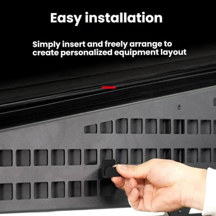 Tesla Cybertruck MOLLE Trunk Panel Hook For Organizing Gear - metal snap-on hook being inserted into trunk MOLLE panel for easy, tool-free installation