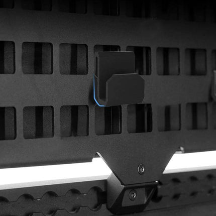 Tesla Cybertruck MOLLE Trunk Panel Hook For Organizing Gear mounted on metal MOLLE cargo panel holding tools and cords, non-destructive snap-on installation