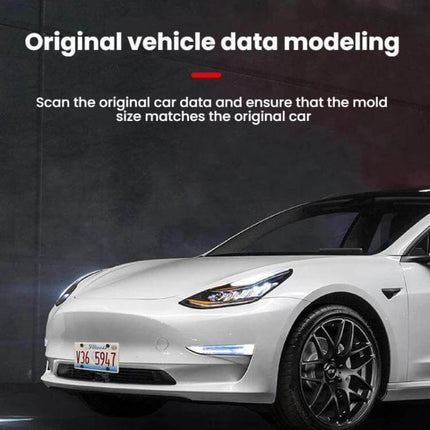 Punch-Free License Plate Frame for Tesla Model 3 Highland on white Tesla Model 3 Highland front corner emphasizing punch-free installation and OEM fit