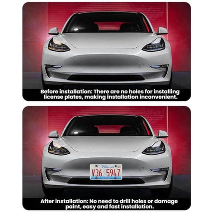 Punch-Free License Plate Frame for Tesla Model 3 Highland shown before and after installation, aluminum alloy, no drilling or vehicle damage