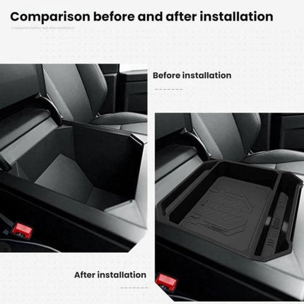 Tesla Cybertruck Center Console Storage Box Keeps Essentials Organized - before and after installation showing custom-fitted plastic tray in center console