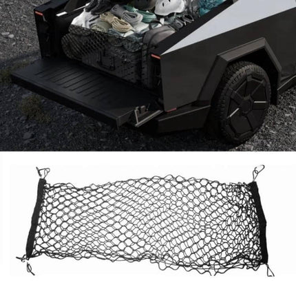Tesla Cybertruck Trunk Net Bag Exact Fit With Elastic Mesh securing gear in Cybertruck bed with double-layer elastic mesh and metal hooks