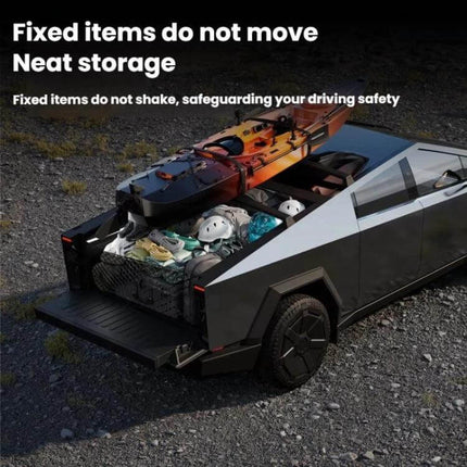 Tesla Cybertruck Trunk Net Bag Exact Fit With Elastic Mesh securing gear in Cybertruck trunk, double-layer elastic mesh with metal hooks for neat storage