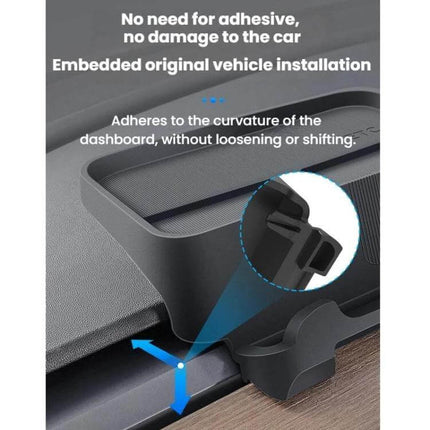Removable Dashboard Tray ETC Holder for Tesla Highland black silicone tray snaps into dashboard curve, no adhesive, holds ETC card and phone