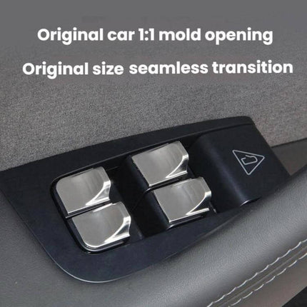 Tesla Model Y Juniper Window Lift Button Sticker Set installed on driver door showing four silver 1:1 molded ABS button covers