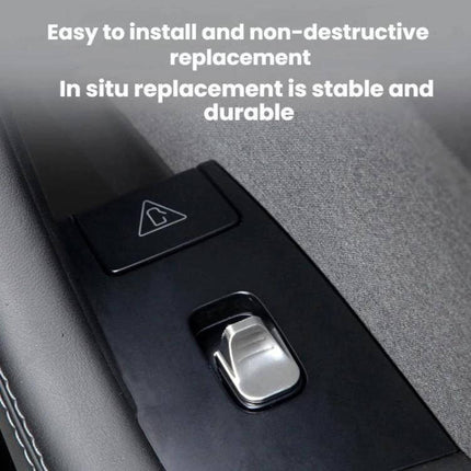 Tesla Model Y Juniper Window Lift Button Sticker Set installed on driver door showing silver Juniper ABS cover protecting window lift control