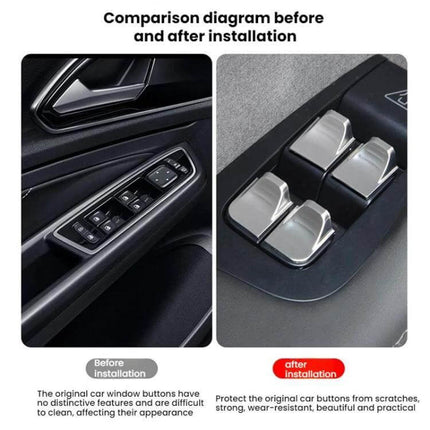 Tesla Model Y Juniper Window Lift Button Sticker Set installed on door panel showing before and after protection
