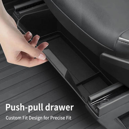 Tesla Cybertruck Front Seat Storage Box With Sliding Drawer For Daily Use – custom-fit ABS push-pull front seat drawer for documents, chargers, keys