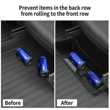 Tesla Cybertruck Front Seat Storage Box With Sliding Drawer For Daily Use showing before-and-after preventing cans from rolling into front row
