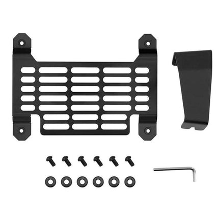 Quick-Release Aluminum License Plate Frame for Tesla Cybertruck showing black aluminum bracket, mounting clip, screws, washers and hex key
