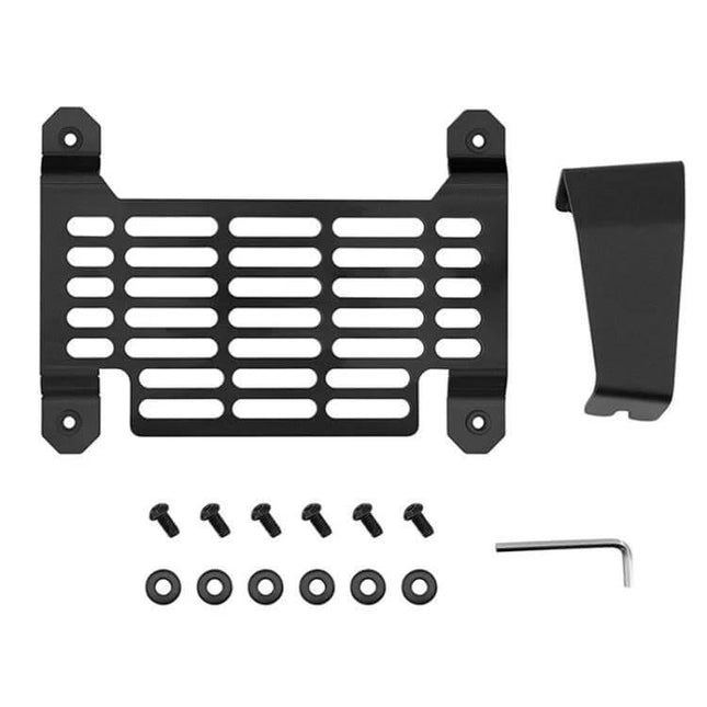 Quick-Release Aluminum License Plate Frame for Tesla Cybertruck showing black aluminum bracket, mounting clip, screws, washers and hex key