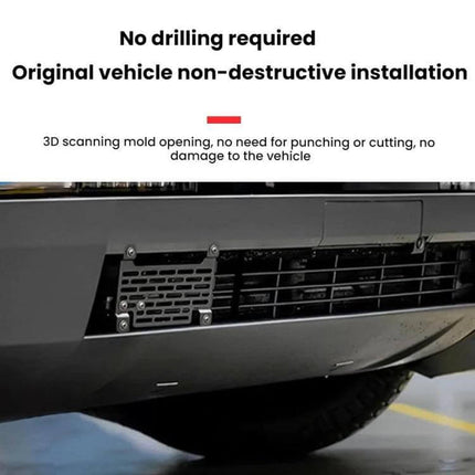 Quick-Release Aluminum License Plate Frame for Tesla Cybertruck shown installed under bumper, no drilling required, non-destructive fit