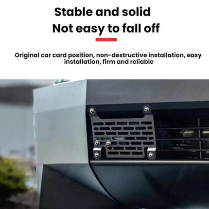 Quick-Release Aluminum License Plate Frame for Tesla Cybertruck mounted on Cybertruck front bumper, stable non-destructive secure fit
