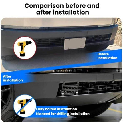 Quick-Release Aluminum License Plate Frame for Tesla Cybertruck showing before and after installation, no-drill quick bolt fit, preserves original bumper (no tools)